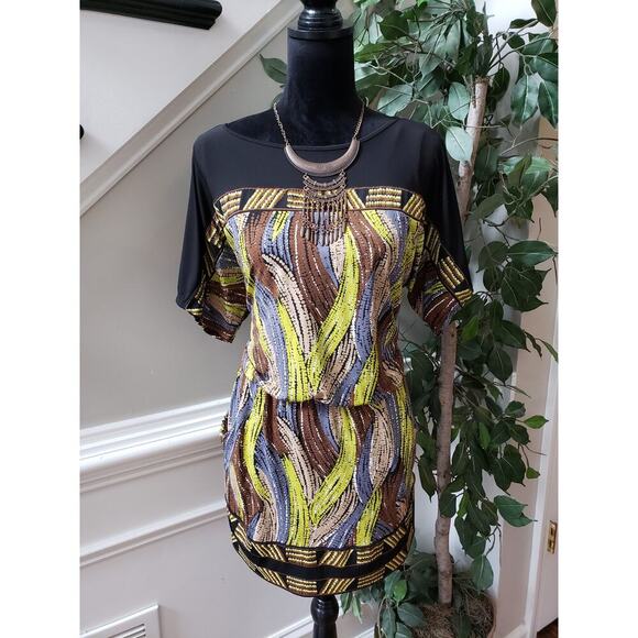 Alfani Mini Dress Womens M Multi Geometric Print Pockets Short Sleeve Pullover - Picture 1 of 13
